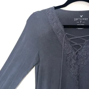 American Eagle Soft & Sexy Gray Lace Strappy Front Top thumbnail 4