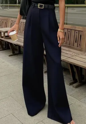 COMMENSE NWT Dark Navy Pleated Wide Leg Trousers Pants Size S thumbnail 1