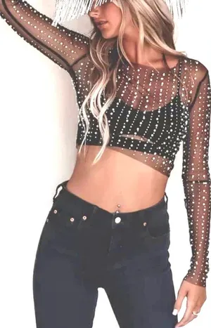 Pearl Rhinestone Sheer mesh top see through tee Crop Top Sz‎ Large Long Sleeve thumbnail 1
