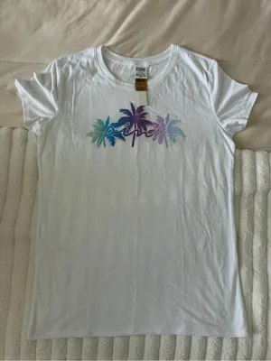 NWT PINK Victoria's Secret White Short Sleeve Tee with Ombre Palm Graphic thumbnail 1