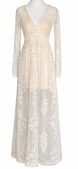 Altar'd State Norrie Maxi Dress XS White Lace Boho Wedding Engagement Nude Liner thumbnail 1