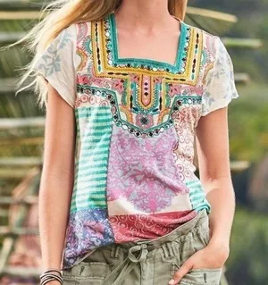 Sundance World Citizen Patchwork Crochet Detail Short Sleeve Top Size Medium thumbnail 1
