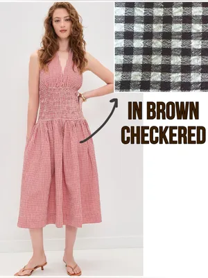Wayf Brown and White Checkered Halter Midi Dress thumbnail 2