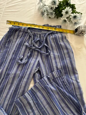 Pull-On Wide Leg Minimalist ResortWear Striped Blue White 100% Cotton Pants Sz S thumbnail 3