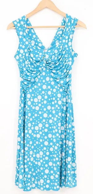 M. Elegance Paris Polka Dot Ruched V-Neck Midi Dress Turquoise Blue Size 36 FR thumbnail 1