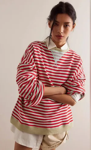 NEW! We The Classic Striped Oversized Crewneck Sweatshirt LARGE Red thumbnail 1