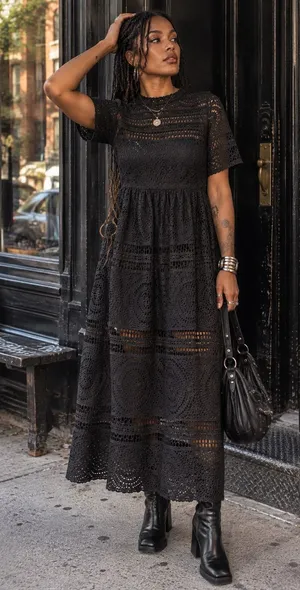 BRASS & ROE Black Romantic Gothic Eyelet Lace Midi Dress XS thumbnail 1