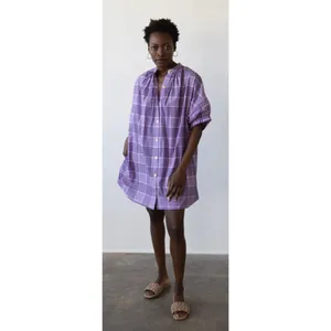 Never A Wallflower Elastic Sleeve Dress Blue Plaid Printed Cotton thumbnail 8
