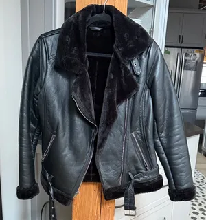 Black Leather Jacket with Faux Fur Lining thumbnail 1