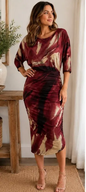 Alice + Olivia Dress Wmn M Burgundy Abstract Ruched Dolman Midi Artistic Modern thumbnail 1