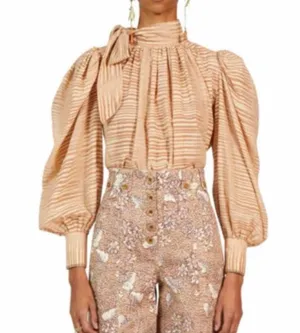 Ulla Johnson Petra Tie Neck Puff Sleeve Blouse Fawn Neutral Top Size 0 thumbnail 9