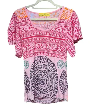 Free People Pink Orange Mandala Flutter Sleeve Boho Scoop Neck Top Medium thumbnail 1