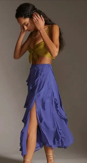 Anthropologie Purple/blue A-Line Ruffle Slit Midi Skirt Size 00 thumbnail 1