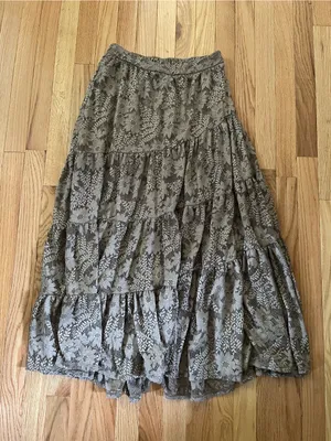 Altar'd State Brown Taupe Lace Tiered Maxi Skirt Small Cottagecore Romantic thumbnail 1