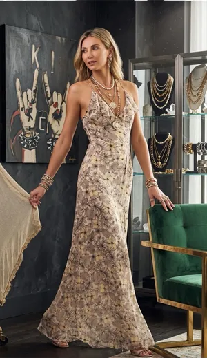 The Jetset Diaries TJD ⚘ Frangipani Maxi Dress ⚘ Gold Print ⚘ Large ⚘ Thigh Slit thumbnail 1