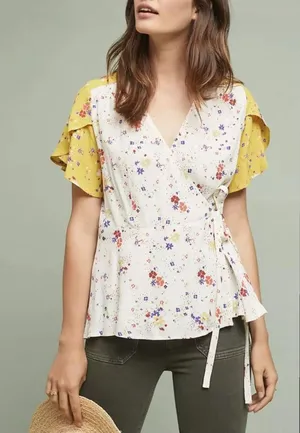 Meadow Rue by Anthropologie Floral Wrap Blouse - White and‎ Yellow 4 thumbnail 1