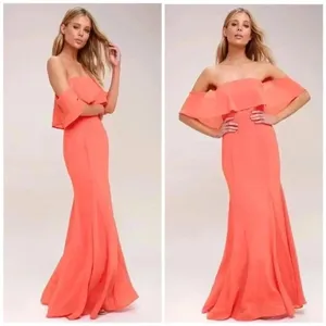 NWT Lulus All My Heart Coral Pink Off-the-Shoulder Maxi Dress Chiffon Sz L thumbnail 2