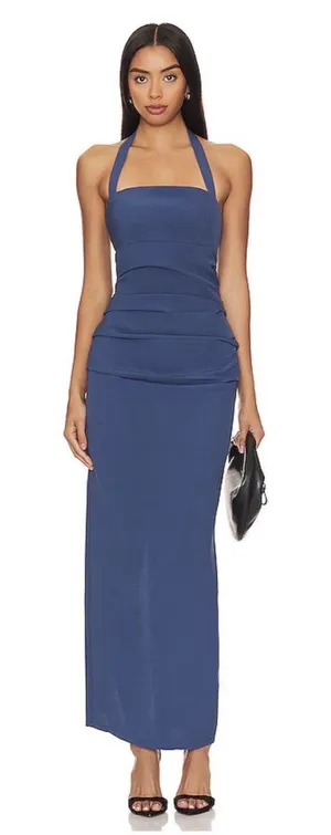 LIONESS 1999 Maxi Dress Blue Large L Halter Neck Ruched thumbnail 1