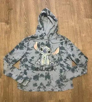 Disney Lilo and Stitch Ohana Blue Tie Dye Boxy Cropped Hoodie Sweatshirt Size S thumbnail 1