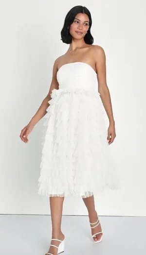 Lulus Prepare to Party White Mesh Swiss Dot Ruched Tiered Midi Dress thumbnail 3
