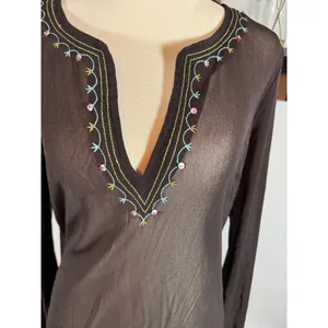 Vintage Y2K New York & Company Brown Mesh Tunic Embroidered Sequin V-Neck Large thumbnail 3