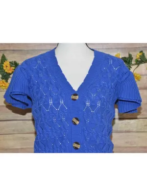 ANOTHER LOVE Size L Pointelle MIRA Flutter Sleeve Cardigan Sweater Cobalt Blue thumbnail 3