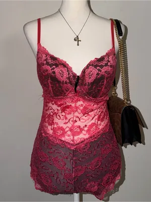 2000s vintage whimsical pink and black lace floral bodysuit thumbnail 1