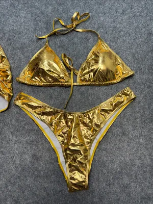 3 Piece Swimsuit Metallic Halter Triangle Bikini Set with Cover Up Beach Skirt thumbnail 6