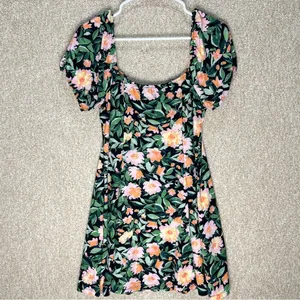 Lila Rose Floral tropical mini dress‎ dark floral stretchy sleeves large beach imperfect thumbnail 3