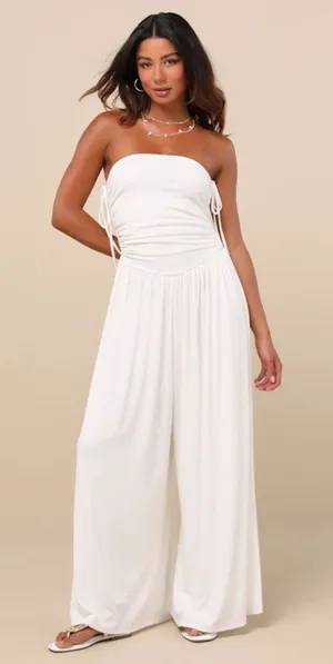 NWT Lulus Halloran White Pointelle Strapless Wide-Leg Jumpsuit Classy Party Sz L thumbnail 1