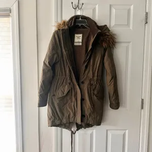 Abercrombie Military Green Brown Sherpa Fur Lined Hood Winter Parka Y2K Large thumbnail 10