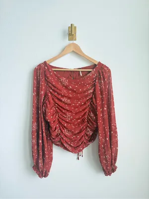Free People L Ruched Floral Chiffon Open Back Blouse Balloon Sleeve Boho Top thumbnail 6