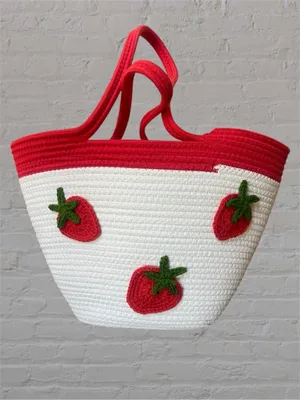 Sunglow Style Strawberry Woven Crochet White Rope Tote Bag Summer Beach Picnic thumbnail 2