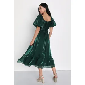 Lulus Remarkable Sensation Emerald Green Puff Sleeve Tiered Dress Party Small thumbnail 3