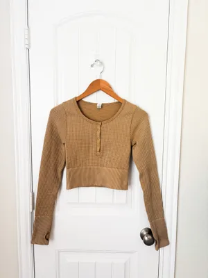 Aerie Offline Main Squeeze Waffle Crop Henley Tan Size XS/TP thumbnail 2