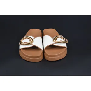 Steve Madden Slide Sandals Womens White Tan Gold Buckle Size 9.5 Canvas Slip thumbnail 2