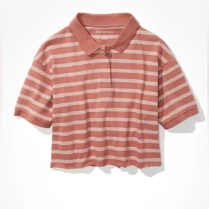 American Eagle Salmon‎ Pink and White Striped Cropped Polo Shirt thumbnail 2