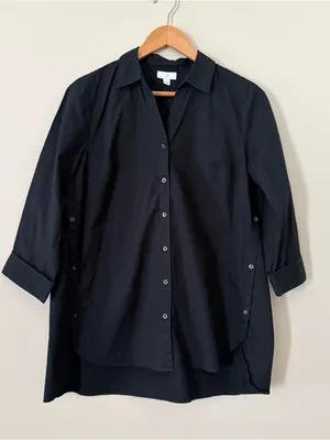 J.Jill Black Button Front Shirt High Low Tunic 3/4 Sleeve 100% Cotton Size M thumbnail 1