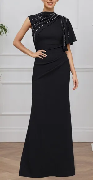 NWT Betsy & Adam Black Long Scuba Crepe Studded Dress Gown Size 8 thumbnail 1