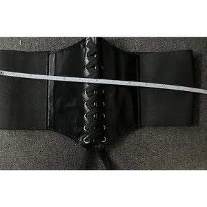 Black Wide Corset Waist Belt Lace Up Elastic Faux Leather gothic Small costume thumbnail 4
