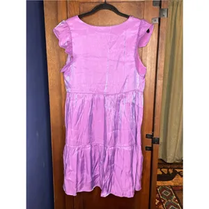 Savanna Jane Embroidered Tiered Mini Iridescent Dress Purple Flutter Sleeve M thumbnail 4