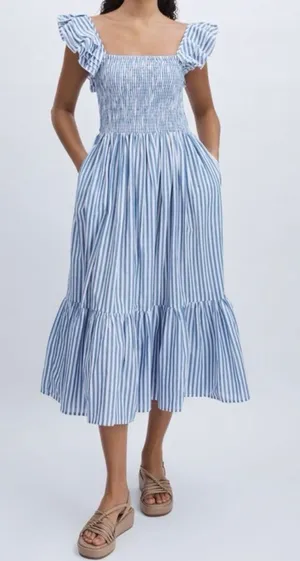 Mille Olympia Linen Midi Dress Size Small Smocked Tiered Ruffle Sleeve thumbnail 1