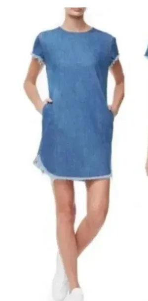 Good American Blue Denim‎ T-Shirt Dress Size 1 S Frayed Raw Edge Hem Mini Shift thumbnail 1