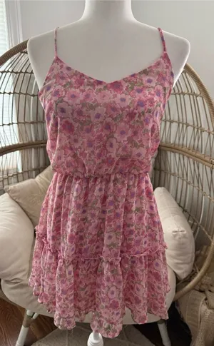 Altar’d State Pink Tiered Floral Mini Fit & Flare Dress Size Large thumbnail 1