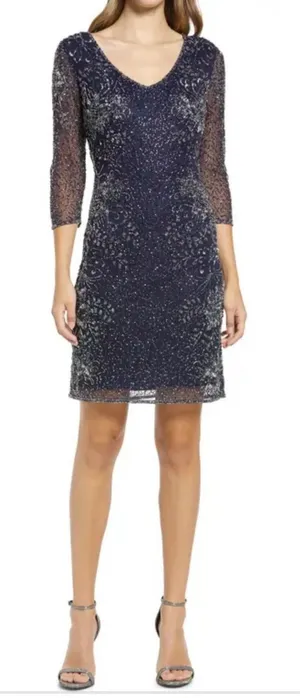 Pisarro Nights Navy Beaded V-neck Cocktail Dress Size 8 $238 MSRP thumbnail 1