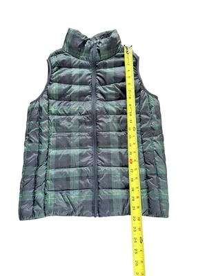 UNIQLO Ultra Light Down Puffer Vest Navy Blue Green Plaid Womens Small thumbnail 8