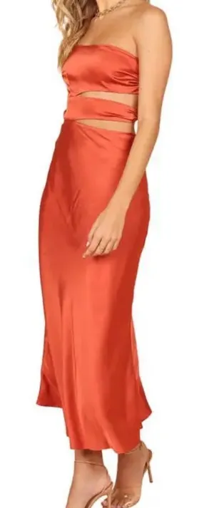 Petal & Pup Forelle One-Shoulder Cut Out Satin Midi Dress in Rust/Copper XL NWT thumbnail 1