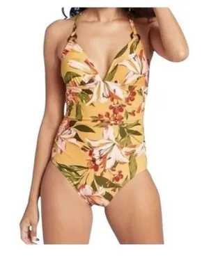 Kona Sol Swimwear One Piece High Coverage Yellow Tropical Floral Size M thumbnail 1