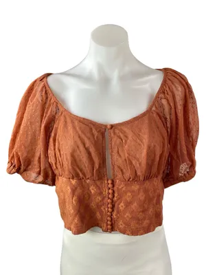 Free People Heartstrings Summer Orange Floral Puff Sleeve Crop Blouse Top Size M thumbnail 1