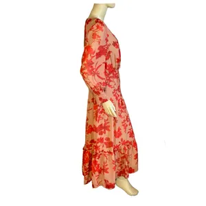 Sam Edelman Red & Tan Floral Print Chiffon Maxi Dress Nwt (6) thumbnail 6
